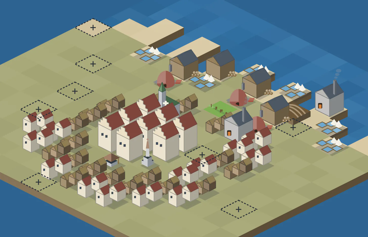An isometric model of Lübeck in Lastadie on a block of land in the water, with tall gabled market houses, rows of small dwellings, a stone building with a green spire and a white cross, workshops along the quay and dashed empty plots marked with a plus.