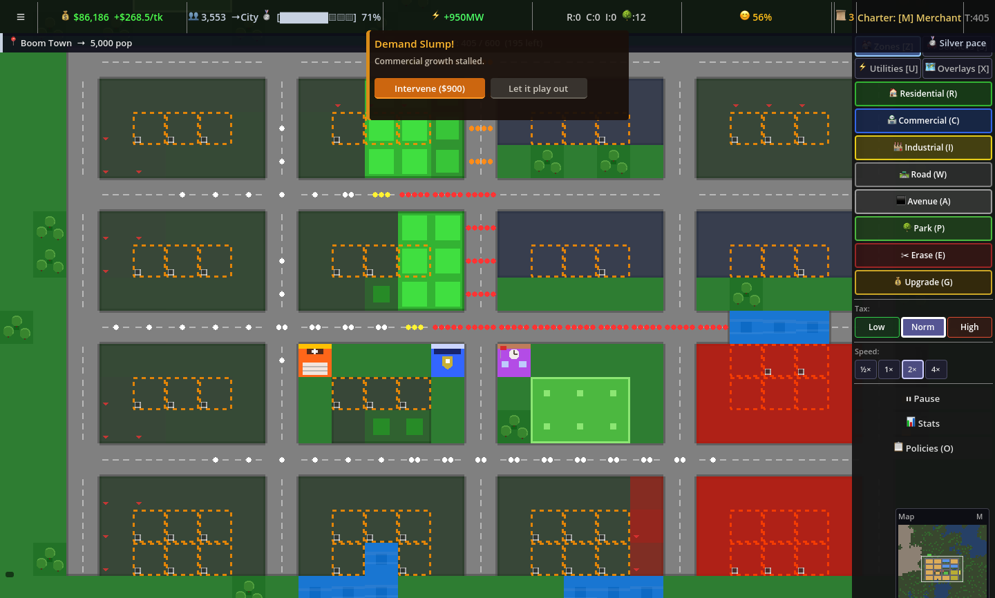 Loopolis, a top-down city builder: a grid of roads with traffic dots, dashed residential, commercial and industrial zones, a fire station, a police station, a school and a park. An event card reads "Demand Slump! Commercial growth stalled." with the buttons "Intervene ($900)" and "Let it play out". The top bar shows $86,186 and a population of 3,553, the goal line reads "Boom Town → 5,000 pop", and the build menu runs down the right side.