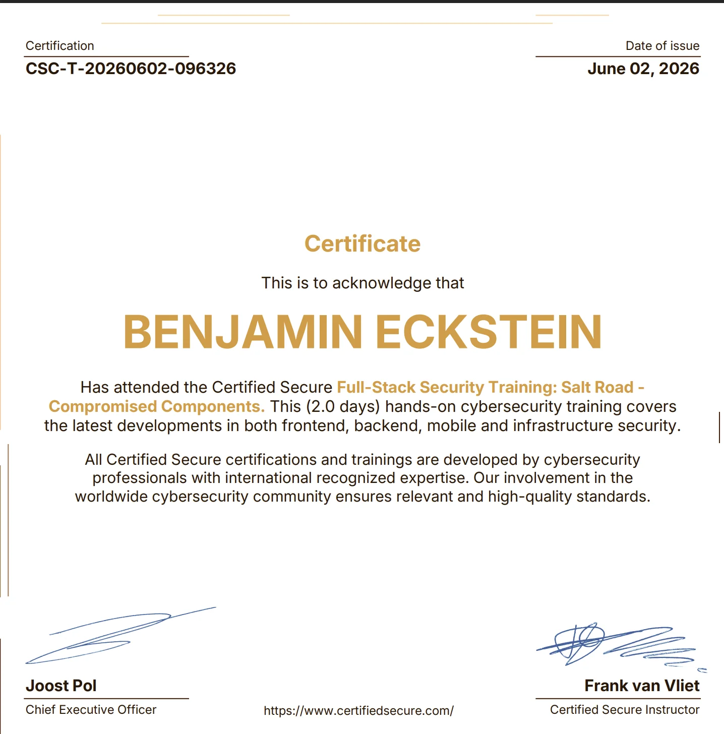Abschlusszeugnis — certifiedsecure.org Full-Stack Security Training: Salt Road - Compromised Components, 2. Juni 2026