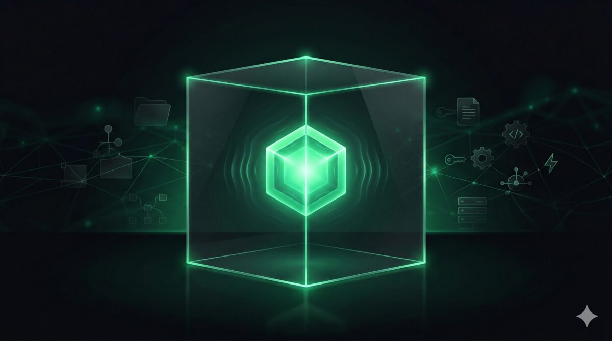 An AI agent contained inside a glass box with glowing green edges — files, keys, and network connections float outside, just out of reach