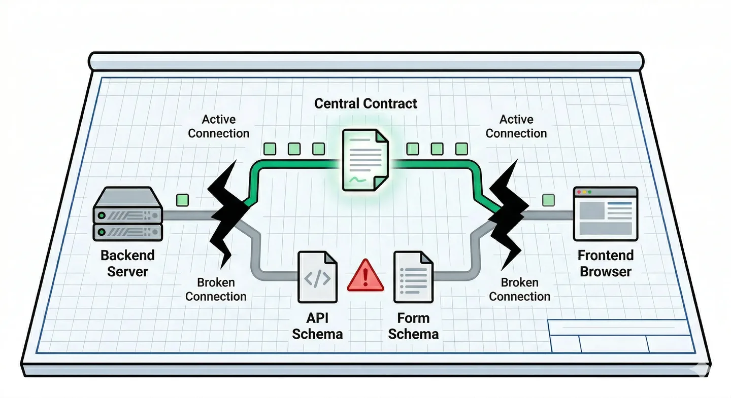 Ein zentraler Contract verbindet Backend-Server und Frontend-Browser — beide Verbindungen gebrochen, zwei isolierte Schemas in der Lücke